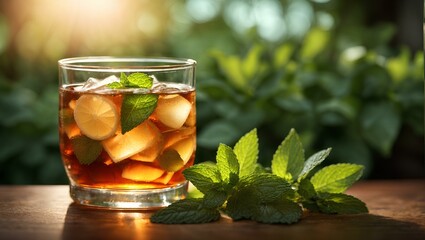 Iced tea with refreshing mint leaves and lemon on a wooden table, healthy drink for weight loss.