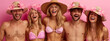 Sun-Kissed Revelry, A Vibrant Tapestry of Bikini-Clad Beachgoers Sporting Playful Hats