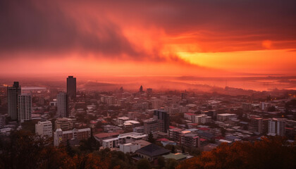 Poster - Sunset over cityscape, autumn dusk, skyscrapers illuminate urban skyline at night generated by AI