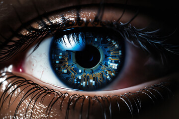 human eye with an implant in the form of a computer digital board, concept of enhanced reality and d