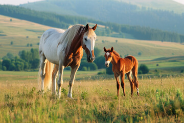 Wall Mural - A foal with a mare on a summer pasture in a rural landscape