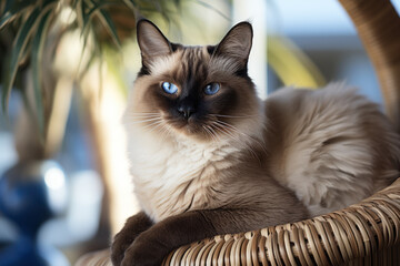 Wall Mural - A majestic and regal-looking Siamese cat perched on a cat tree, showcasing the elegance and beauty of this feline breed. Concept of Siamese sophistication. Generative Ai.