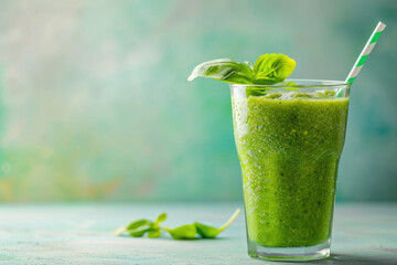 editorial photo shoot of a green smoothie juice with herbs vegetables fruit spinach basil celery for healthy lifestyle diet low calorie breakfast juice cleanse natural sunlight