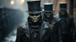 Creepy creatures with skeleton masks in intricate costumes and top hats against the blurry background of a gloomy alley