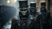 Creepy Creatures With Skeleton Masks In Intricate Costumes And Top Hats Against The Blurry Background Of A Gloomy Alley