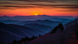 Fototapeta Zachód słońca - Majestic mountain peak silhouettes at dusk create a tranquil scene generated by AI
