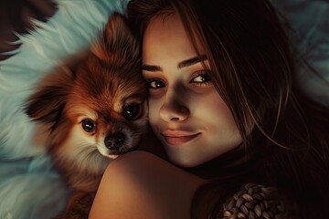 Wall Mural - A peaceful afternoon spent cuddled up with her loyal furry companion, a woman's gentle expression captures the pure love and contentment of their indoor bond