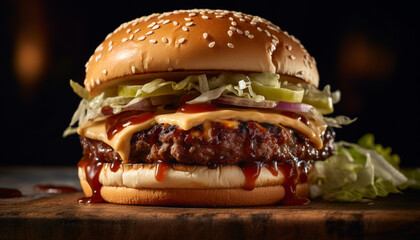 Poster - Grilled beef burger with cheese, tomato, and fresh vegetables generated by AI