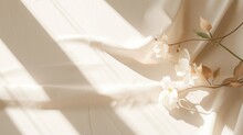 Floral Sunlight Shadows On A Neutral Beige Cloth: Aesthetic Minimalist Natural Background With Copy Space AI Generated