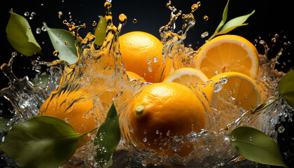 Sticker - Freshness of citrus fruit in nature, lemon drop in water generated by AI