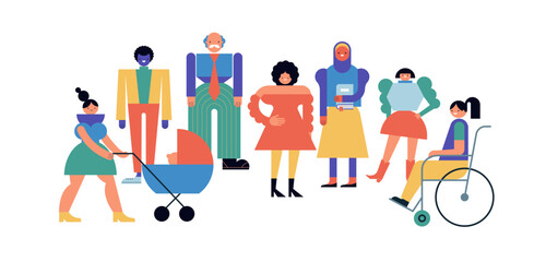 Group of women, community, family or neighborhood standing together. International Women's Day. Characters in geometric fun modern style. Colorful concept design