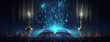 Enchanted book radiates mystical light between candlesticks. Scriptures lies open, emanating a mysterious blue glow that illuminates the surrounding darkness. Panorama with copy space.