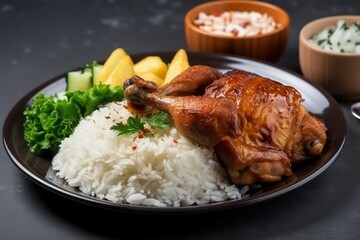 chicken with vegetables, wings, chicken with potatoes, rice, salad plate