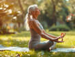© Ирина Селина - Side view of elderly beautiful woman practicing meditation, relaxing zen feeling in nature, yoga practice