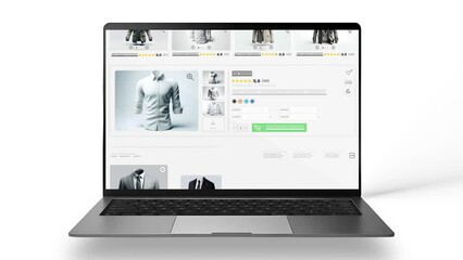 men clothing website animation. e-commerce and shopping products. sales show of costume. laptop mock