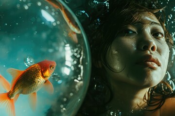 Wall Mural - A curious woman marvels at the delicate beauty of a goldfish, contained in a shimmering bubble of water within an aquarium, showcasing the wonder of marine life and the connection between humans and 