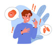 © Rudzhan - Boy with asthma concept. Kid with inhalator. Bronchial asthma and respiratory tract diseases. Health care and medicine. Young guy try to take breath. Cartoon flat vector illustration