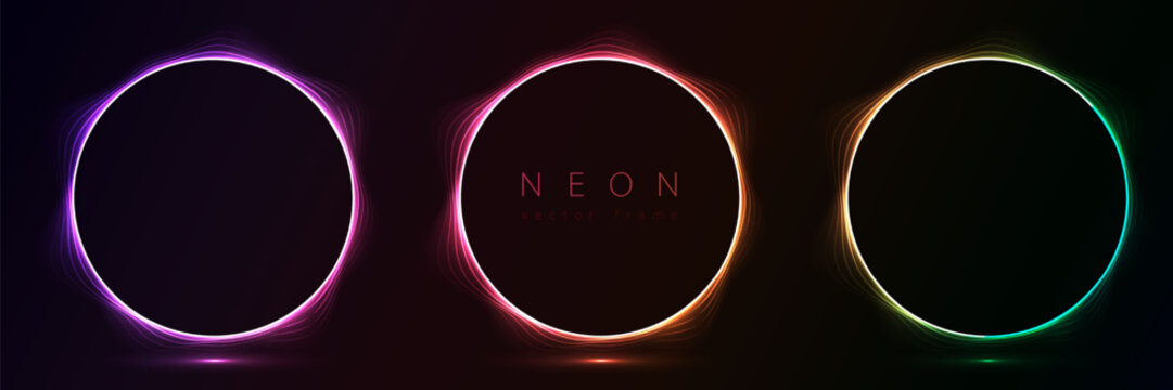 Set of glowing neon color circles round curve shape with wavy dynamic lines isolated on black background technology concept. Circular light frame border for badges, price tag, label cards, logo design