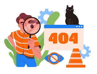 Wall Mural - computer error concept. man with magnifying glass search bugs at pc. page not found. wrong address a