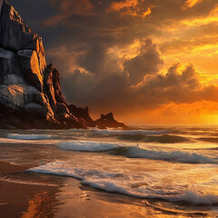 Wall Mural - Sunset on the beach with a huge rock and sea waves. Crimson clouds with their magnificent shadows, the shadow of the sun on the big rock	