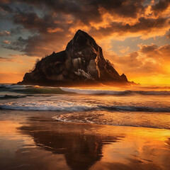 Wall Mural - Sunset on the beach with a huge rock and sea waves. Crimson clouds with their magnificent shadows, the shadow of the sun on the big rock	