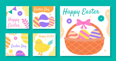 Wall Mural - happy easter posters set. basket with colorful eggs and yellow chicken. traditional religious spring