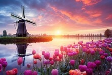 Enchanting Fairyland With Picturesque Windmills And Tulips In Kinderdijk, Netherlands During Sunrise. Generative AI