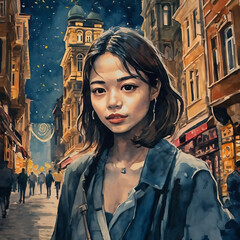 Wall Mural - Watercolor painting of a beautiful Asian woman looking at the camera in the historic narrow streets of Istanbul's old town on a starry night