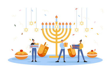 Wall Mural - Happy Hanukkah poster. Traditional Jewish holiday and festival. Man and woman with golden candlestick. Tradition and religion. Cartoon flat vector illustration isolated on white background