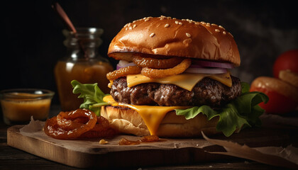 Canvas Print - Grilled gourmet burger with cheese, tomato, and homemade bun generated by AI