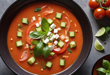 Gazpacho serving in black dish