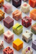 
A variety of colorful handmade food snacks laid out in an isometric grid on a white background. From above.
