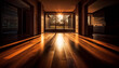© Jemastock - Modern apartment with dark wood flooring, illuminated by bright electric lamps generated by AI
