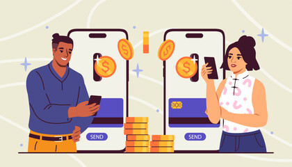 Wall Mural - money transfer concept. man and woman sending golden coins through smartphone screens. digial money,