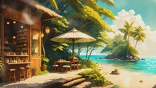 Tropical Resort In Beautiful Beach. Cartoon Or Anime Watercolor Digital Painting Illustration Style. Seamless Looping 4k Video Animation Background.