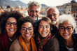 © ADDICTIVE STOCK - Generative AI image of a diverse group of joyful adults posing for a selfie with a scenic city background