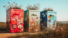 Generative AI Illustration Of Colorfully Painted Electrical Boxes Adorned With Flower And Butterfly Illustrations Stand Among A Field Of Wildflowers