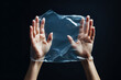 © ADDICTIVE STOCK - Hands pressing against a transparent flexible surface Generative AI image