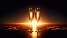 Elegant Champagne Glasses At Sunset, Celebration Concept