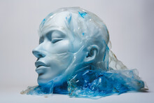 Surreal blue mannequin head wrapped in plastic Generative AI image