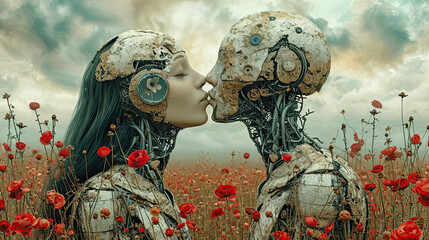 Wall Mural - A kiss between two robots in such a field.