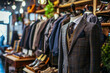 © ADDICTIVE STOCK - Generative AI illustration of mannequin dressed in a checkered tailored suit displayed in a sophisticated menswear store with various clothing items
