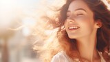 Fototapeta  - Young beautiful woman with natural makeup in the sunlight. Happy lady enjoying the sun. Banner with copy space. Ideal for beauty, wellness, lifestyle campaigns or hair care advertisements.