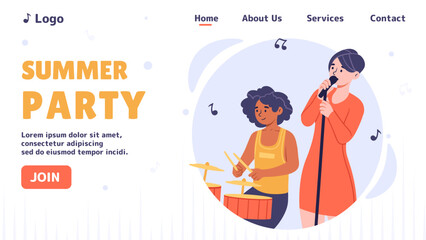 Summer party poster. Woman sing at scene. Musical band performing at scene. Creative performans of singer and percusionist, rock band. Landing page design. Cartoon flat vector illustration