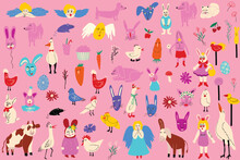 Vibrant Cartoon Comic Easter Characters And Farm Animals. Funky Bizarre Characters In Modern Flat Hand Drawn Style