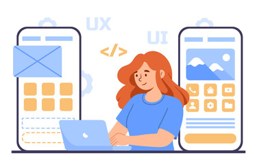 Wall Mural - woman with ui and ux elements. young girl develop design for mobile application and programs, websit