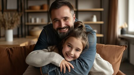 Wall Mural - portrait of caring father embracing happy girl