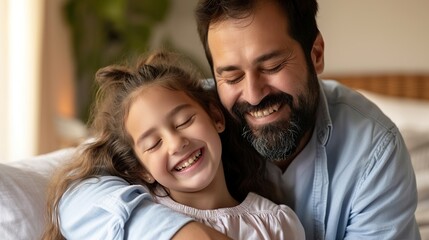 Wall Mural - portrait of caring father embracing happy girl