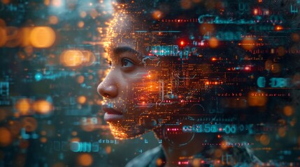 A person exploding with information from technology. 