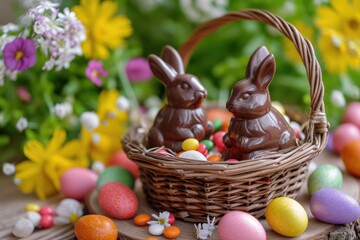 A festive Easter basket filled with chocolate rabbits and a variety of colorful eggs amidst spring flowers, capturing the essence of the holiday